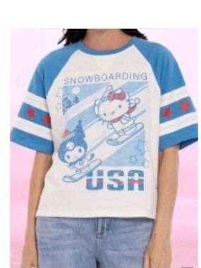 Hello Kitty Snowboarding USA Graphic Tee Womens small  Y2K Raglan Baby Tee NWT